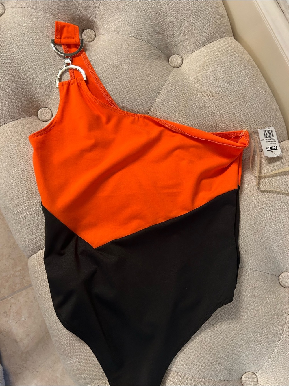 Womens Asymmetrical One-Shoulder Bodysuit - Orange/Black